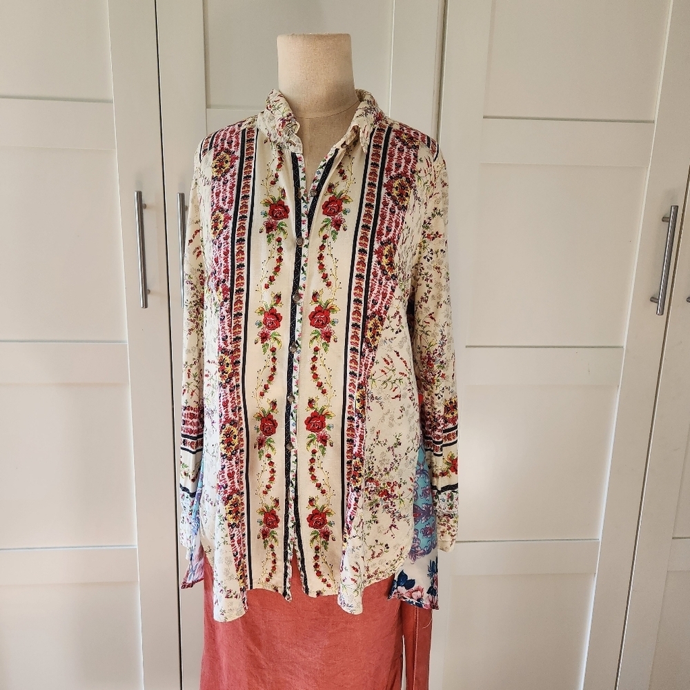 Anthropologie Cyrena Long Sleeve Button Up Boho Blouse Sz Large